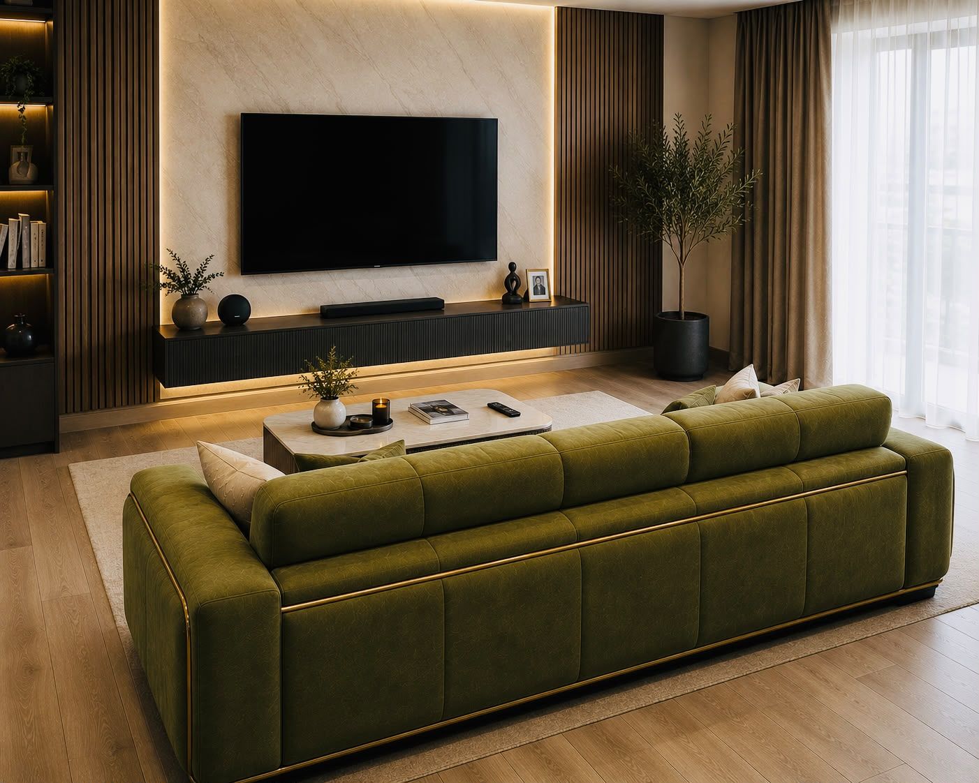 Living cu canapea tapițată verde măsliniu și mobilier TV