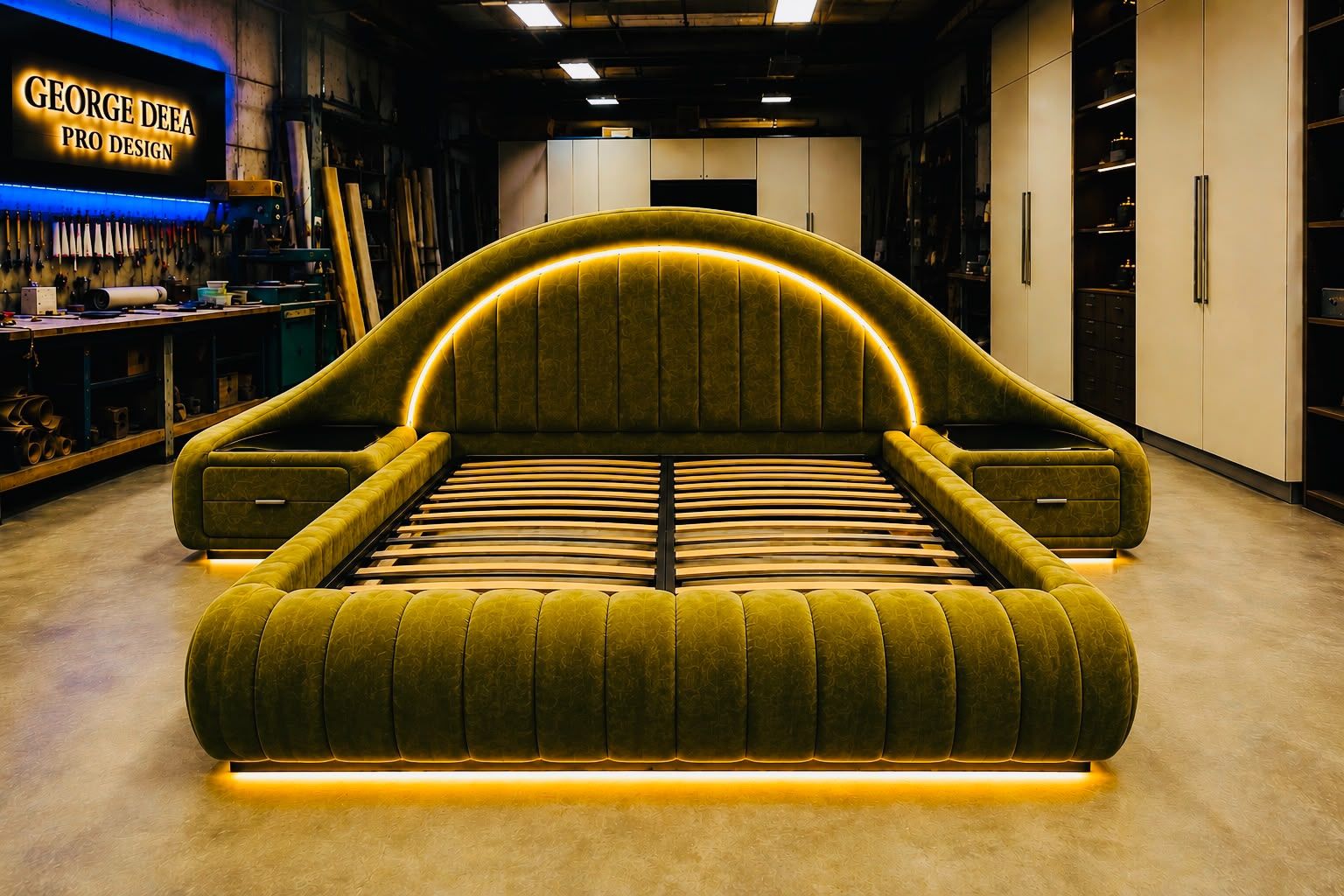 Pat cu tăblie în arc și LED